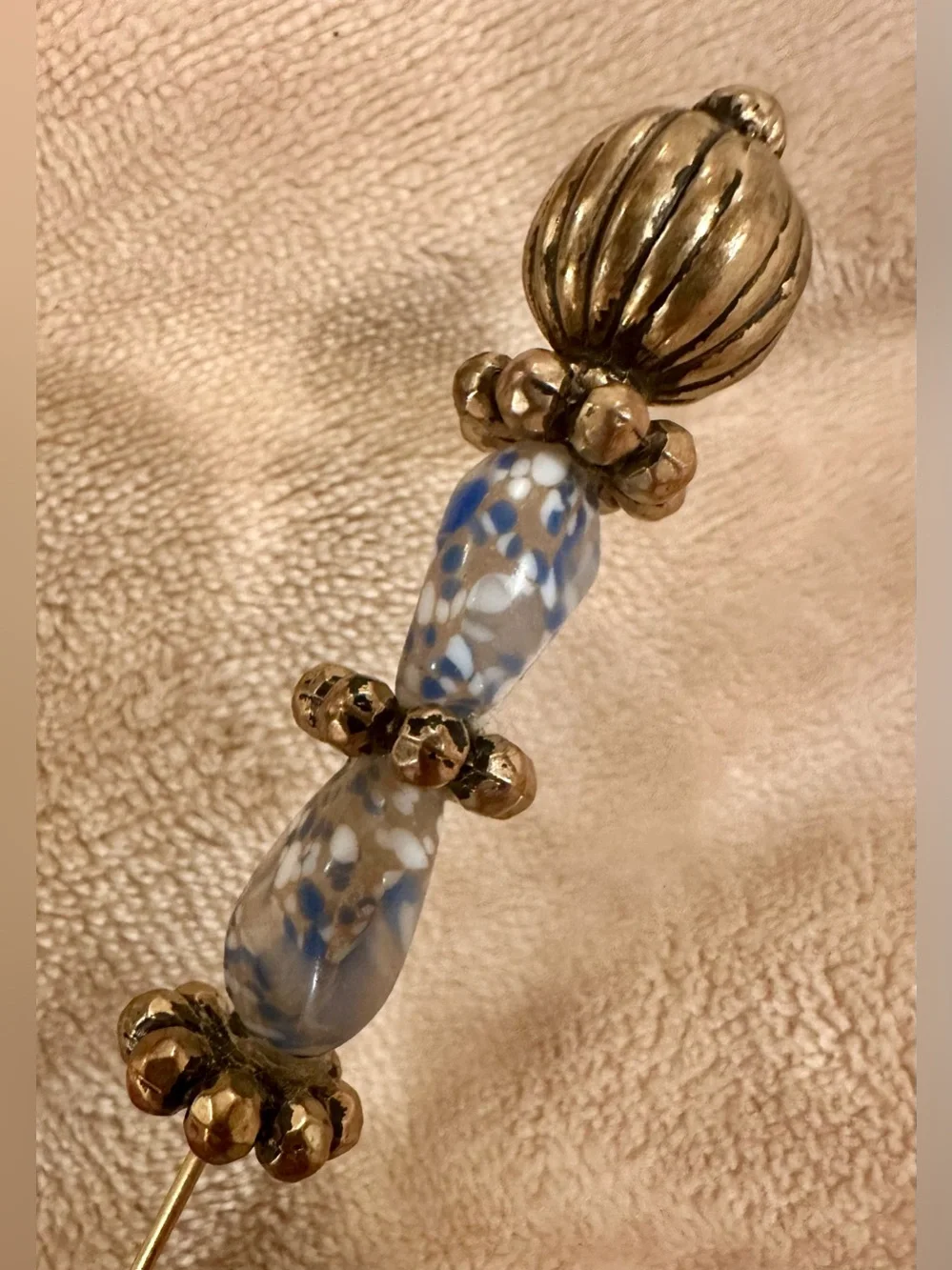 Blue and White Glass Bead Gold-Tone Drop Stick pin with cap